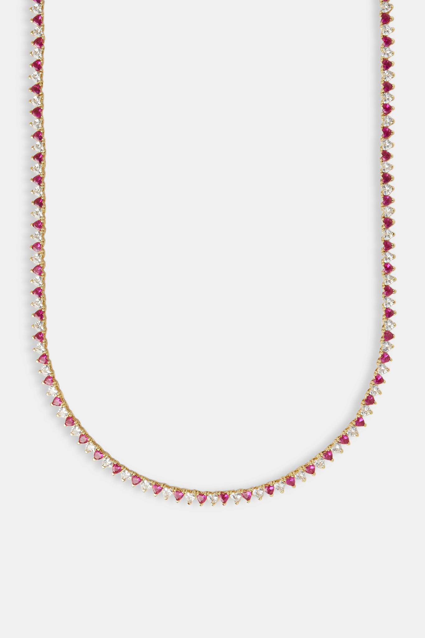 Deep Pink & Clear Heart Tennis Chain - 3mm - Gold